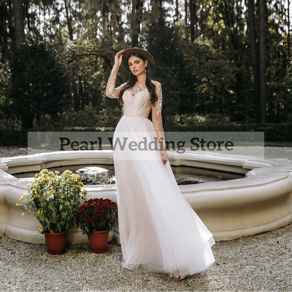 Vestidos de novia elegantes con apliques de cuello redondo, tul de alta calidad, línea A, largo hasta el suelo, vestidos de novia para boda en la playa