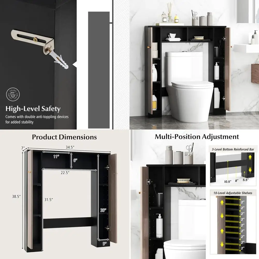 

Space-Saving Black Freestanding Toilet Storage Cabinet with 10 Adjustable Shelves and Anti-Tip Feature