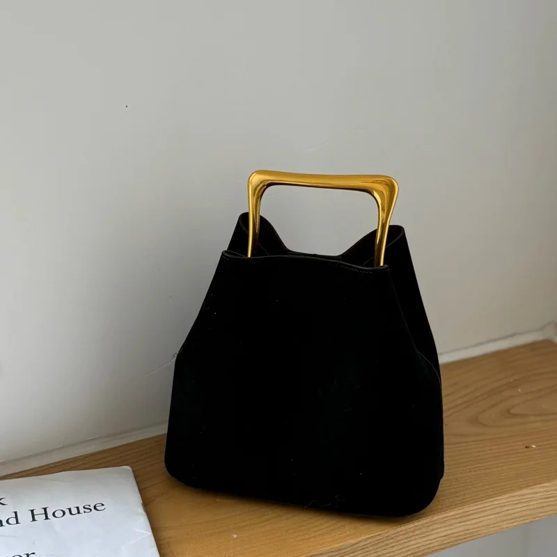 2025 Chic Designer Vintage Women Suede Frosted Leather Bucket Handbag Luxury Metal Handle Tote Bag Trendy Commuter Crossbody Bag view 3