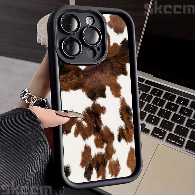 خمر براون جلد البقر نمط جراب هاتف آيفون 16 برو ماكس 15 14 13 12 11 16E 7 8 زائد X XS XR ماتي للصدمات غطاء ناعم