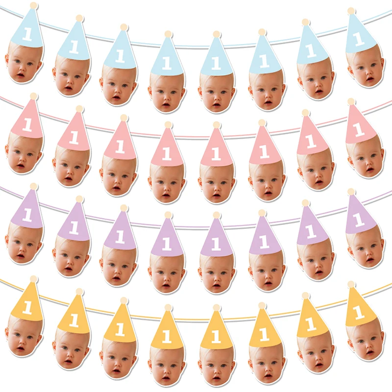 Custom Birthday Party Face Photo Banner with Age Numbers Birthday Hat Pattern Garland Kids 1st Birthday Party Baby Shower Decor