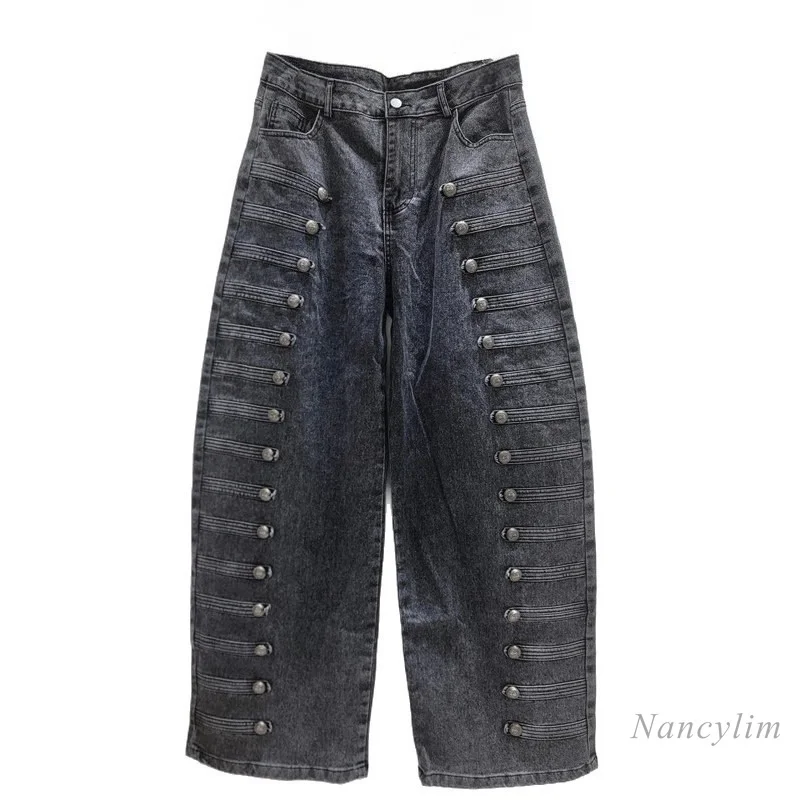 

Double Breasted Jeans, American Design Elastic Retro Metal Buckle Washed Scimitar Pants, Street Hot Girl Wide-leg Mop Pants