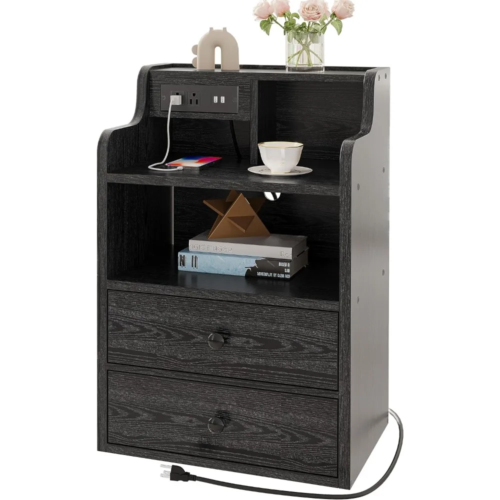 Nightstand with LED Charging Station 2 Drawers and Storage Shelves, Left and Right Interchangeable Sockets Bed Side Table