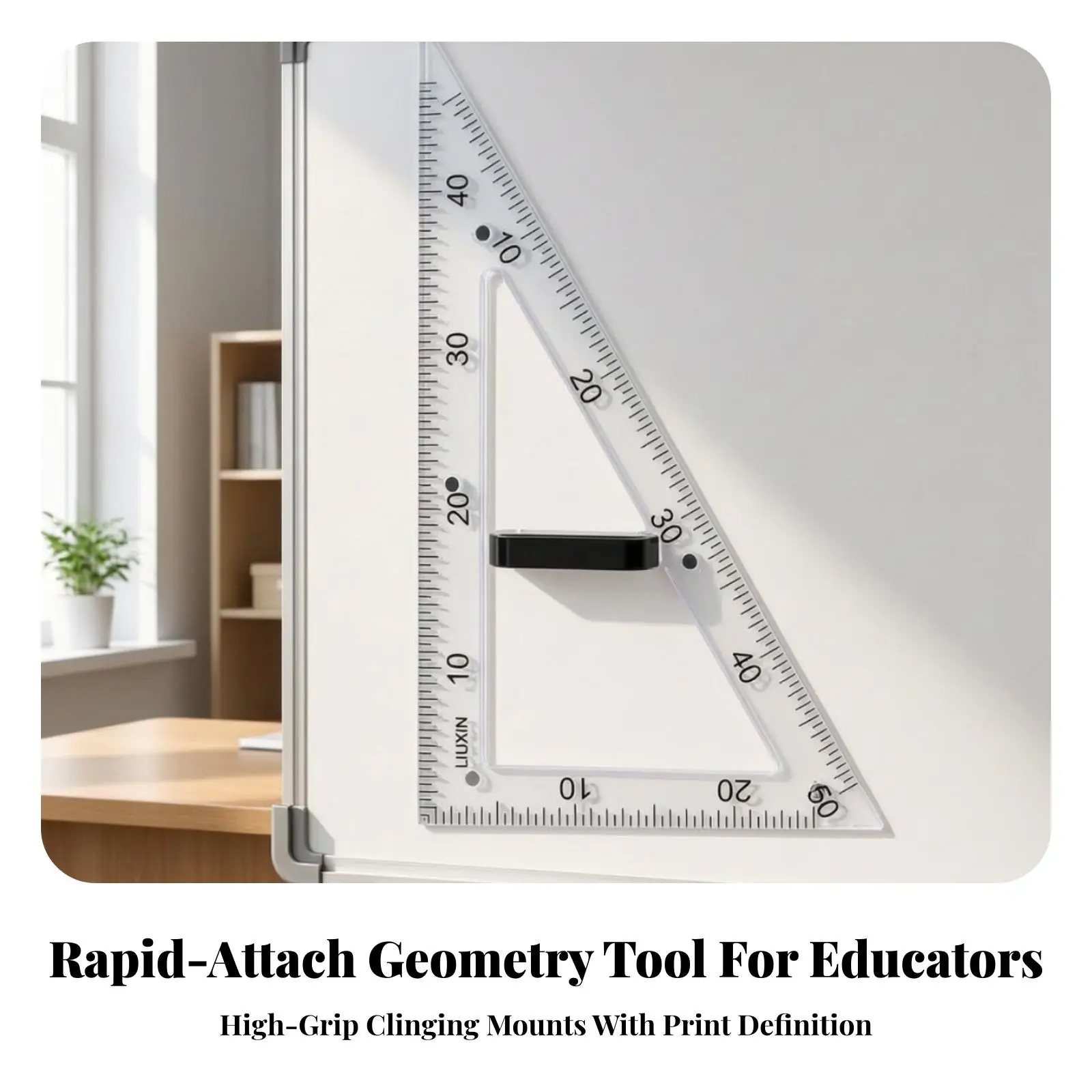 Transparent Teaching Triangle Ruler for Geometry Math Instruction Plastic with Detachable Black Handle and Board Mounting Strips