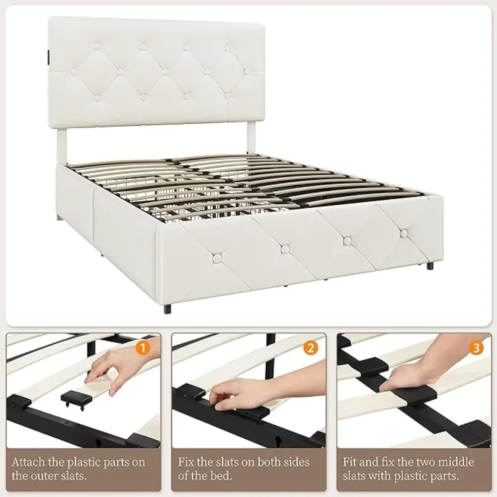 Estrutura de cama estofada em tamanho real com 2 camas de plataforma de couro sintético com carregamento USB e ripas de madeira fortes, bases de cama