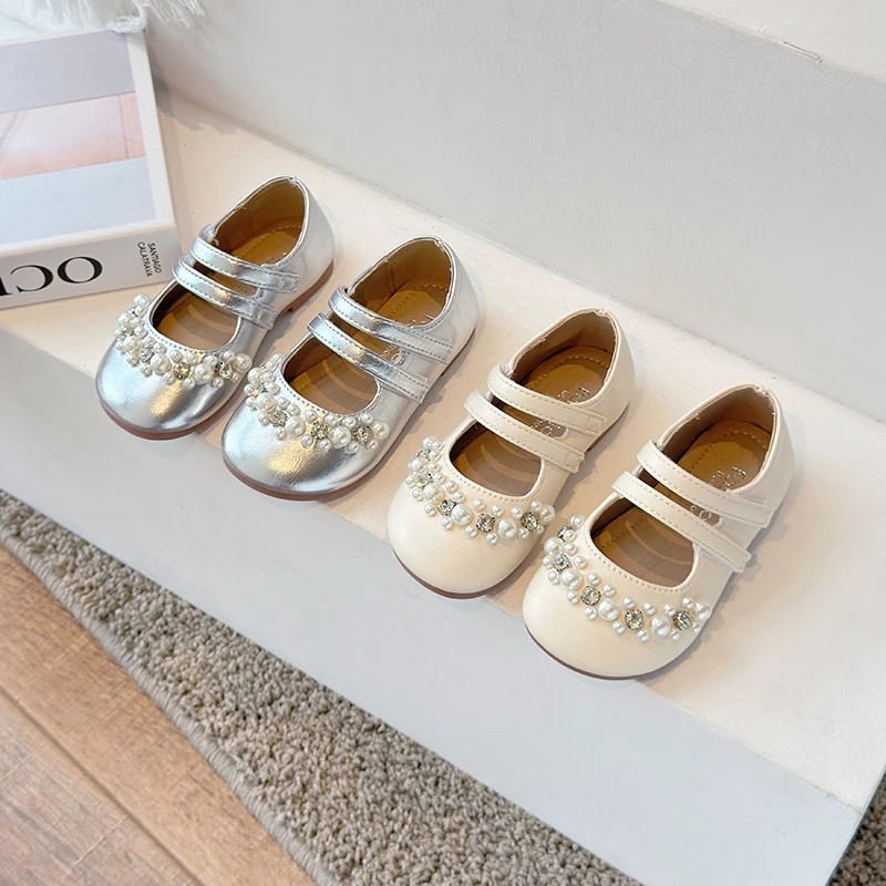 

Girl's Princess Shoes 2025 Round Toe Shallow Hook-loop Pearl Stylish Kid's Flat Shoe Solid Color Anti-slip Daily Kids Shoes