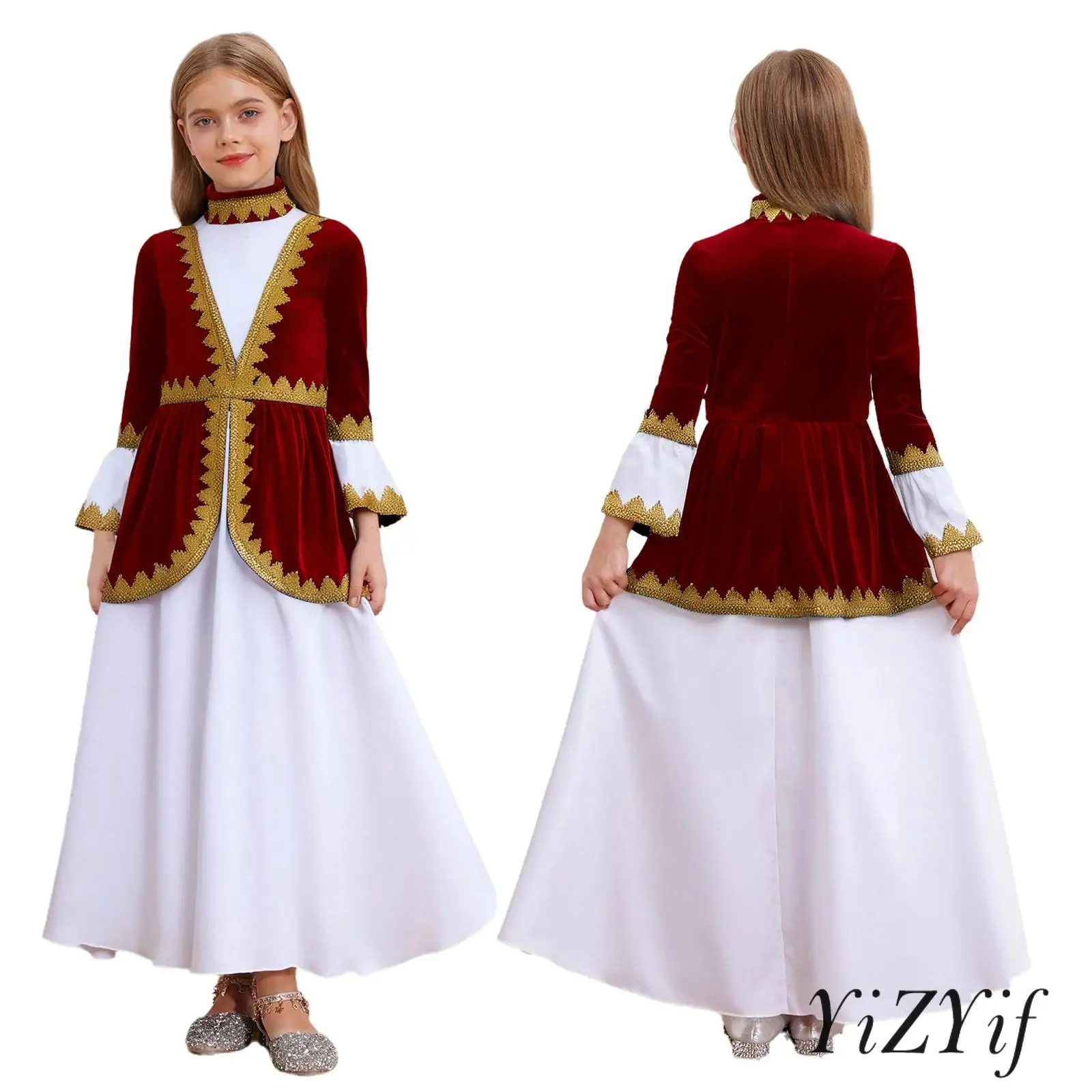 

Kids Girls Cultural Heritage Royal Dress Up Costume Long Flare Sleeve Dress Gold Webbing Mock Neck for Halloween Themed Parties