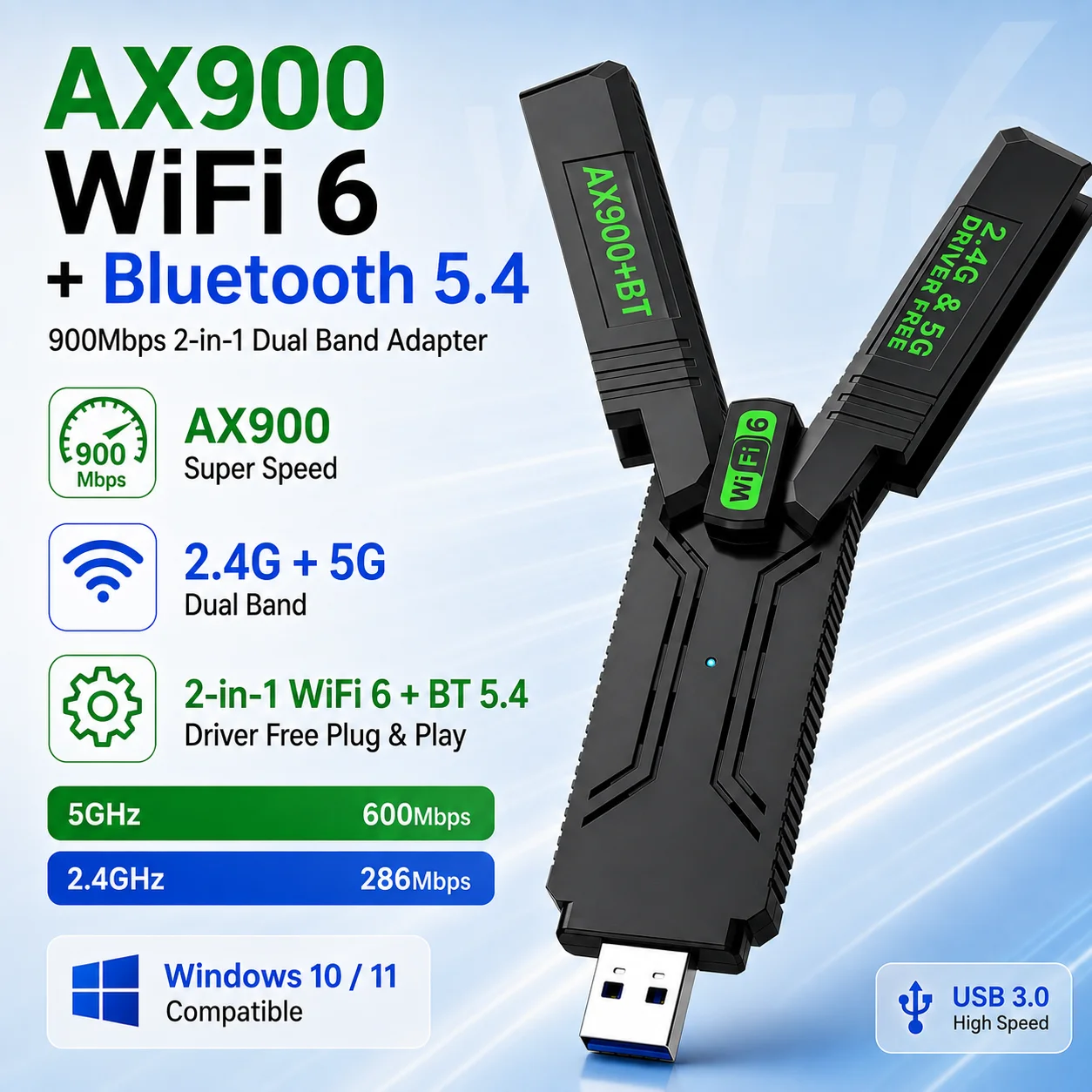 AX900 WiFi 6 Bluetooth 5.4 2-in-1 Wireless Adapter,900M Dual Band Driver Free WiFi Transmitter Receiver for Win10/11 Desktop Lap