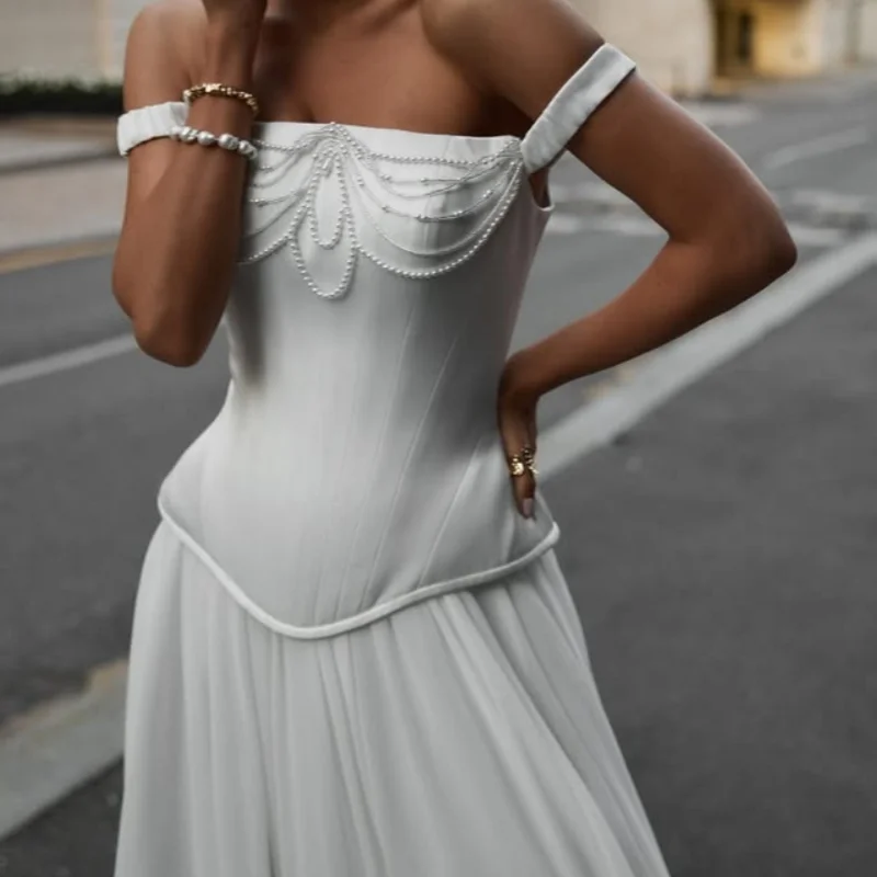 

simple Satin white Wedding Dresses off-shoulder A skirt Pearl jewelry decal Gowns Made wedding dress Customized