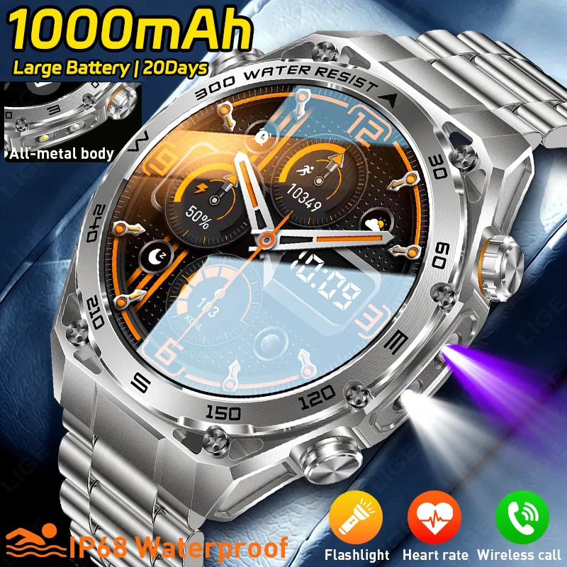 

LIGE New Smart Watch Man 1000mAh Long Standby Outdoor Smartwatch Men Heart Rate IP68 Sports BT Call Flashlight UV Lamp Watches