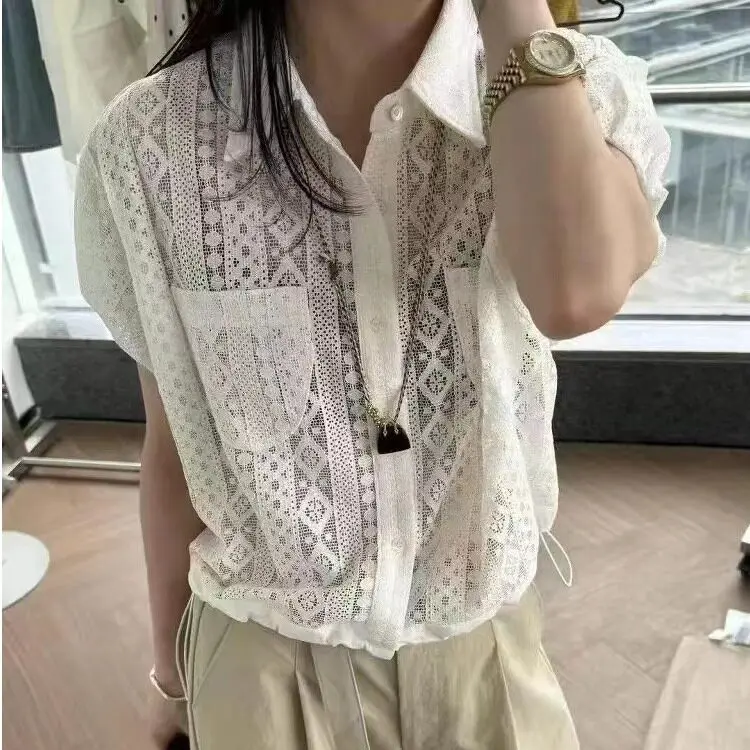 

East Gate Women's Casual Lace Trimmed Short Sleeve Breathable Hollow out Geometric Patterned Shirt Loose Fit Daily Wear