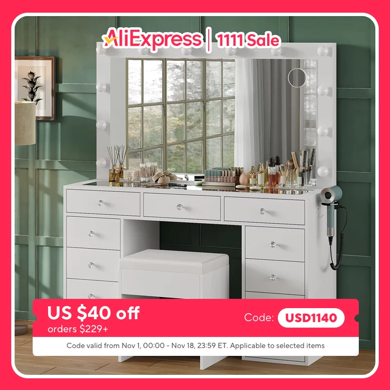 Farmhouse Vanity Table Set with LED Lighted Mirror, 3 Adjustable Brightness Levels, Multiple Storage Drawers & Open Shelves, Scratch-Resistant Tempered Glass Tabletop with USB Charging Port
