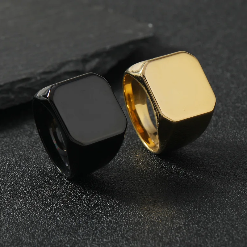 New Trendy Men's Stainless Steel Beveled Glossy Square Ring Gold Plated Jewelry
