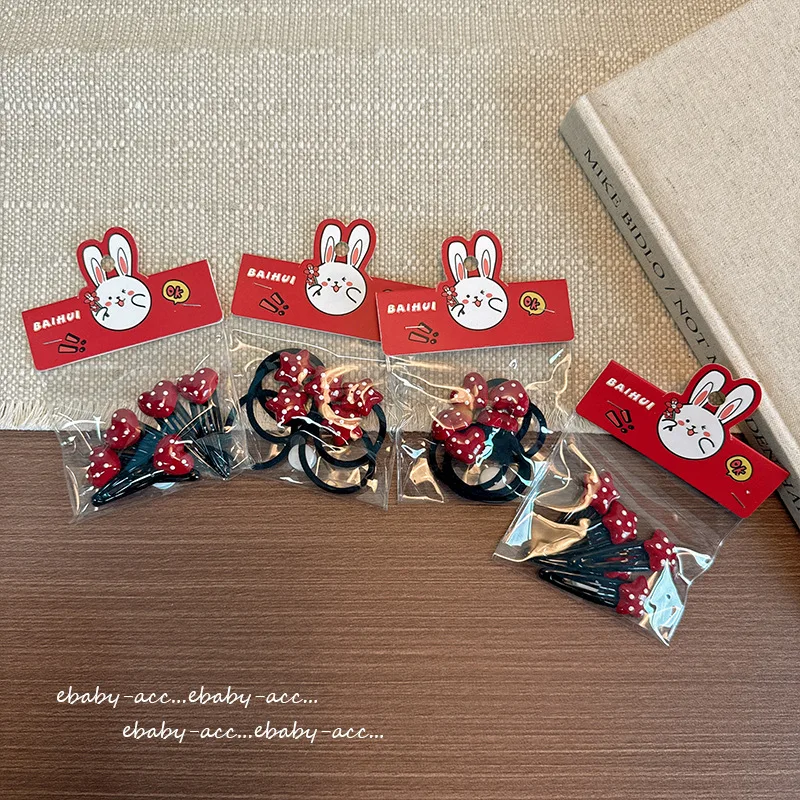 Hair Clips 5 Pack Bagged Red Polka Dot Star Heart Snap Clips Elastic Hair Bands Kids Girls Side Flyaways Taming Hair Accessories