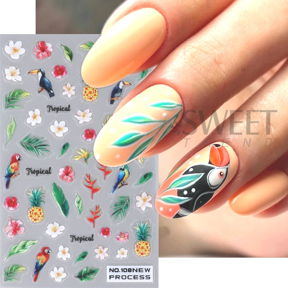 Bee Ladybug Nail Art Stickers 3D Autumn Leaves Daisy Florals Slider Cute Animal Bird Decal Manicure Decoration Nails Tips Beauty