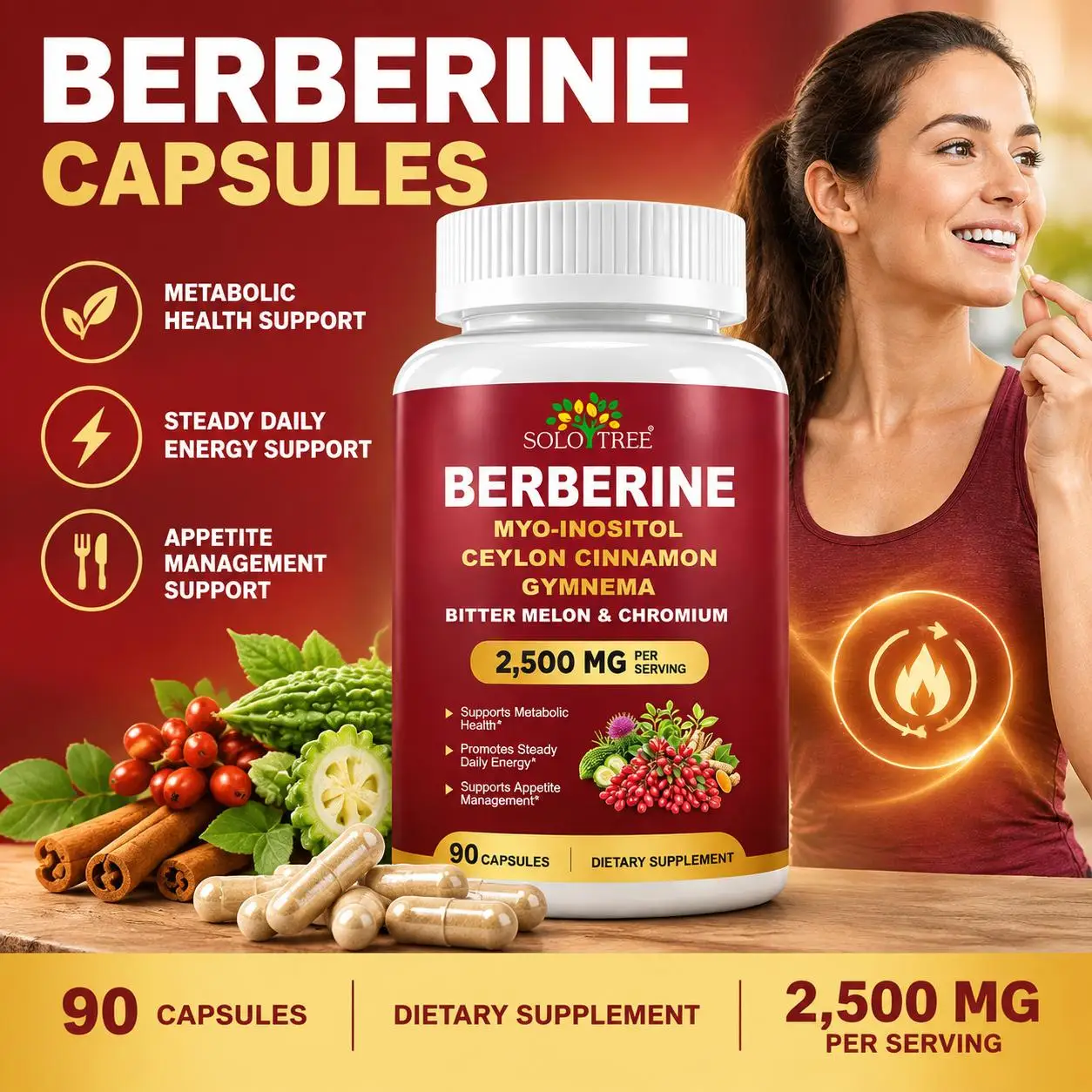 SoloTree Berberine Capsules Body Management Promote Digestion Provide Energy Anti Fatigue with Myo-Inositol and Ceylon Cinnamon