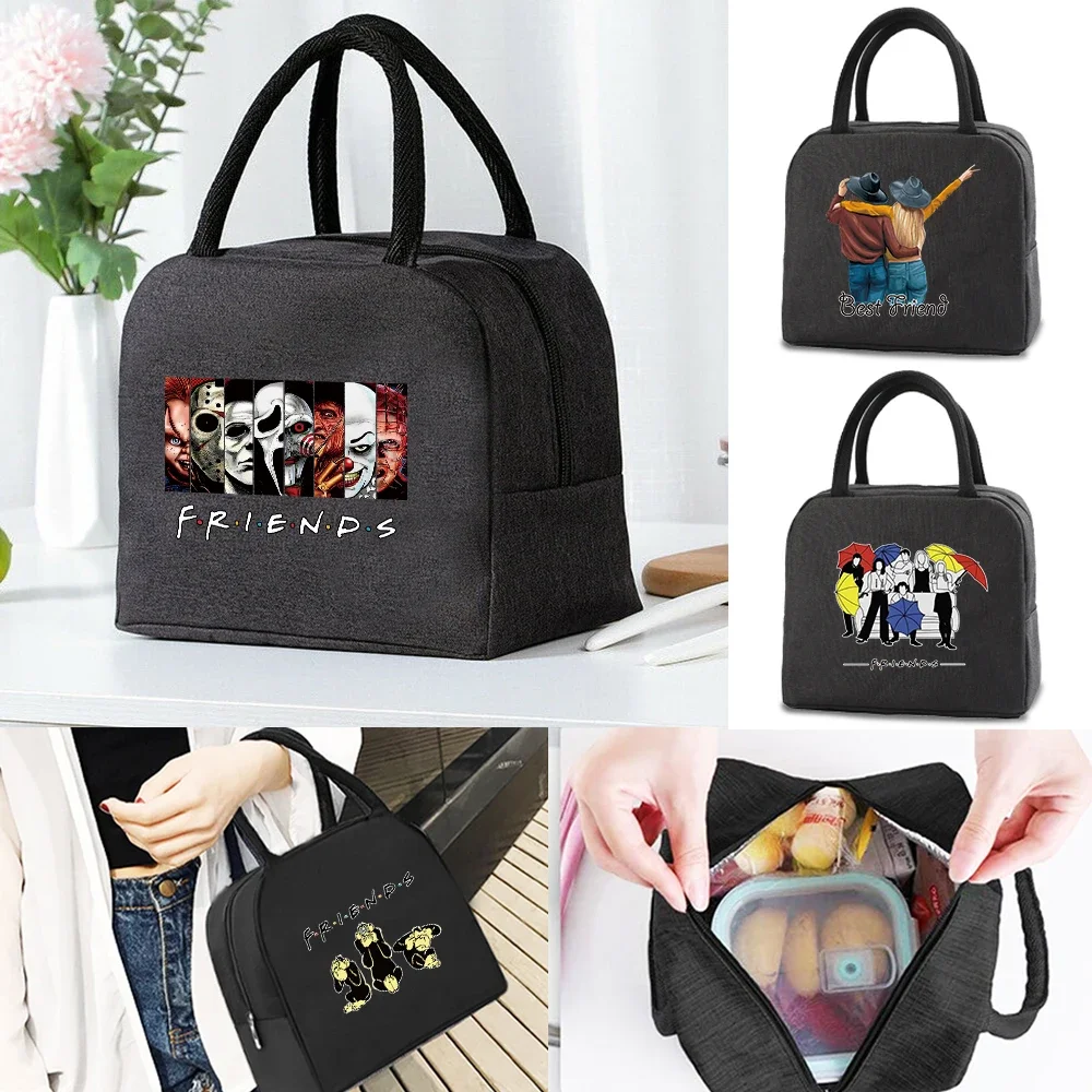 Lunch Bag Handbags Women Picnic Portable Storage Tote Packet Insulated Canvas Cooler Bags Kids Thermal Lunch Box Friends Pattern