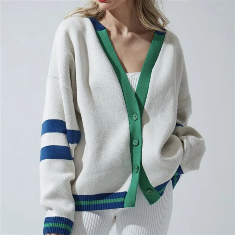 Patchwork Sweater Women Knitted Cardigan Mujer Single-breasted Coat Loose Autumn Winter Jacket Striped Top Korean Fashion Jumper
