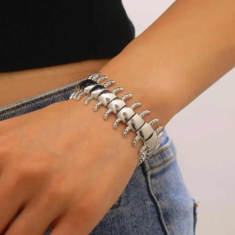 Y2K Silver Centipede Bracelet & Earrings Set - Trendy Unisex Stackable Bangle and Dangle Earrings, Personalized Vacation Party J