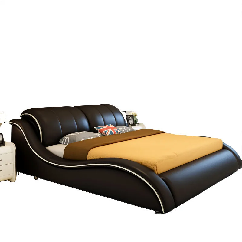 jq-KEHUI Genuine Leather Upholstered Nordic Modern Bedroom Bed with Modular Storage Queen/King Size Hotel Use*