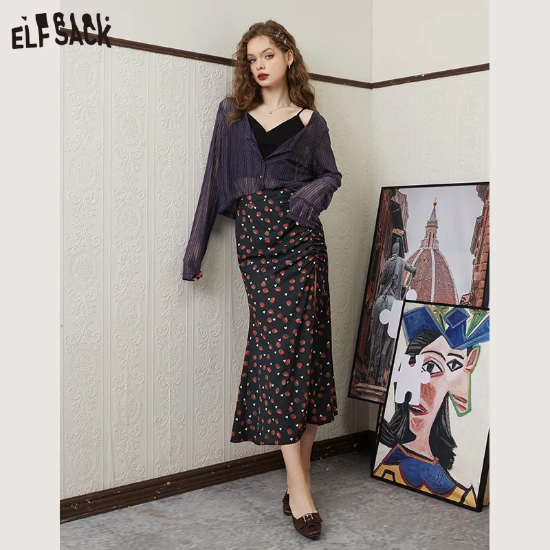 ELFSACK Black Chiffon Split Skirts Women 2023 Spring/Summer New A-line Elegant Bottom