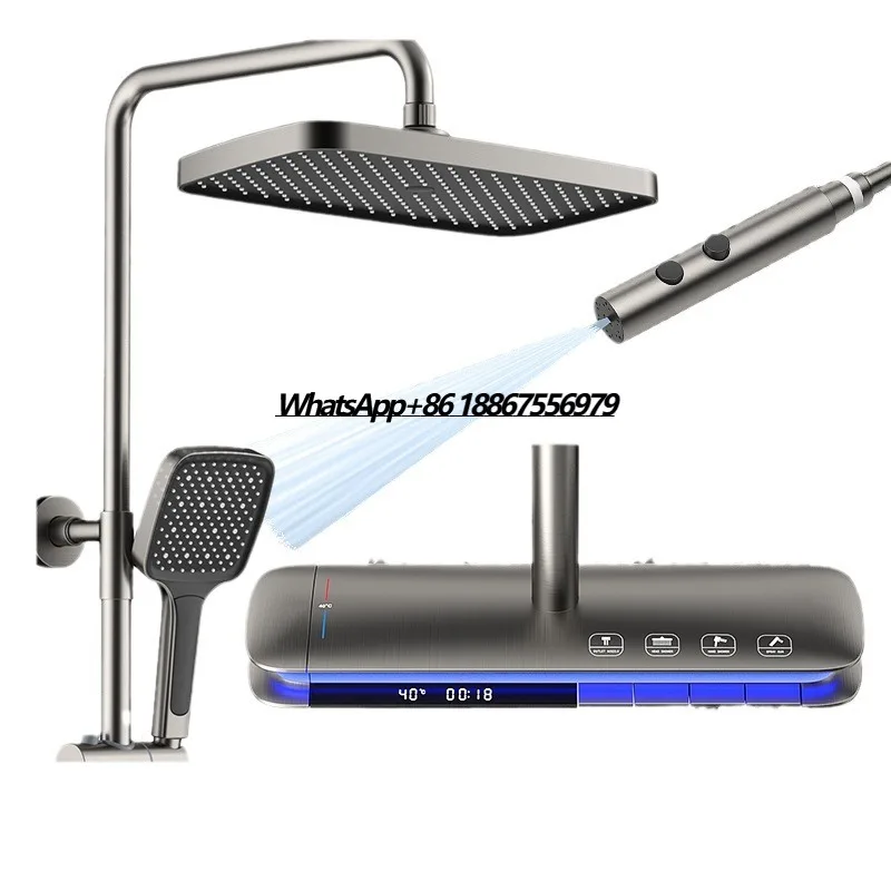Deao New Design Piano Shower System Mixer Set Bathroom Black Thermostatic Rain Shower Faucet Set LED Waterfall Shower Set System