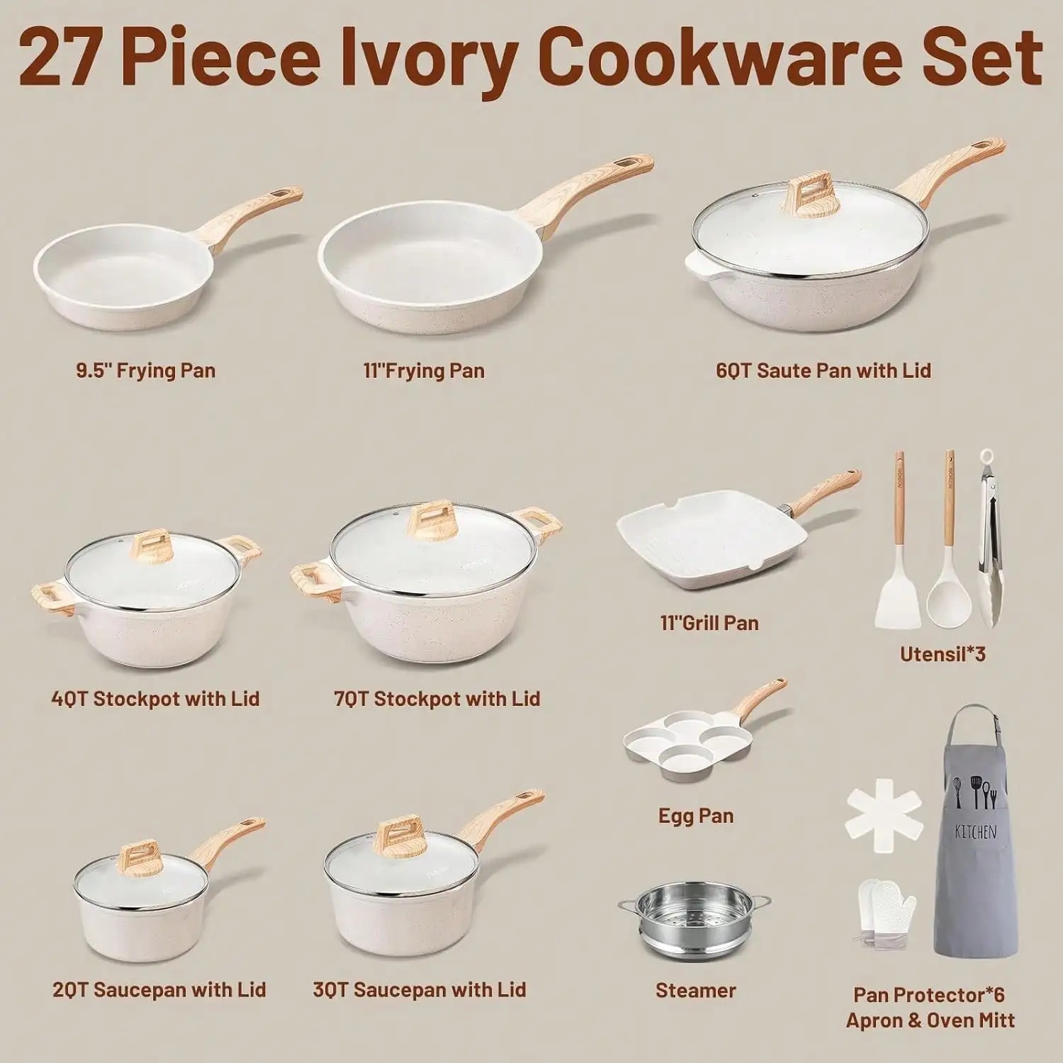 27PCS Pots And Pans Set, Nonstick Ceramic Cookware Set, Healthy Kitchen Cooking Set With Gloves, Apron, Silicone Tools & Pot Protectors, Variant 1