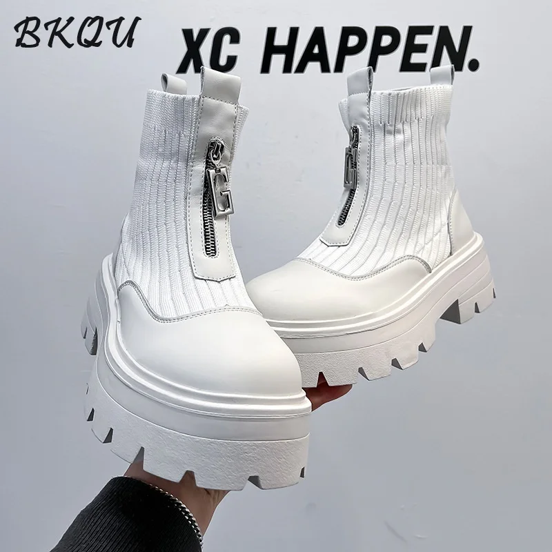 

BKQU Chelsea Boots Men's 2025 New Fall British Style Thick-Topped High-Heeled Short Boot with Zipper Layered Leather Upper