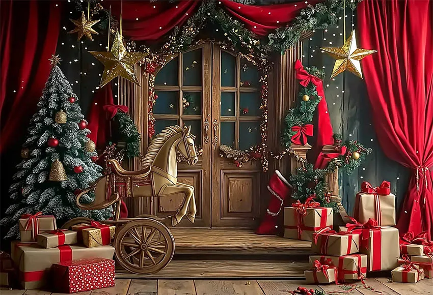 Mehofond التصوير خلفية عيد الميلاد لعبة الحصان طفل حفلة عيد ميلاد عيد الميلاد ستارة الباب الخشبي هدية ديكور خلفية استوديو الصور