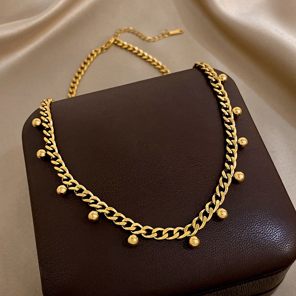 Greatera Retro Titanium Steel Plated 18K Gold Dynamic Small Round Bead Metal Necklace Women's Fashion Versatile Chain Jewelry