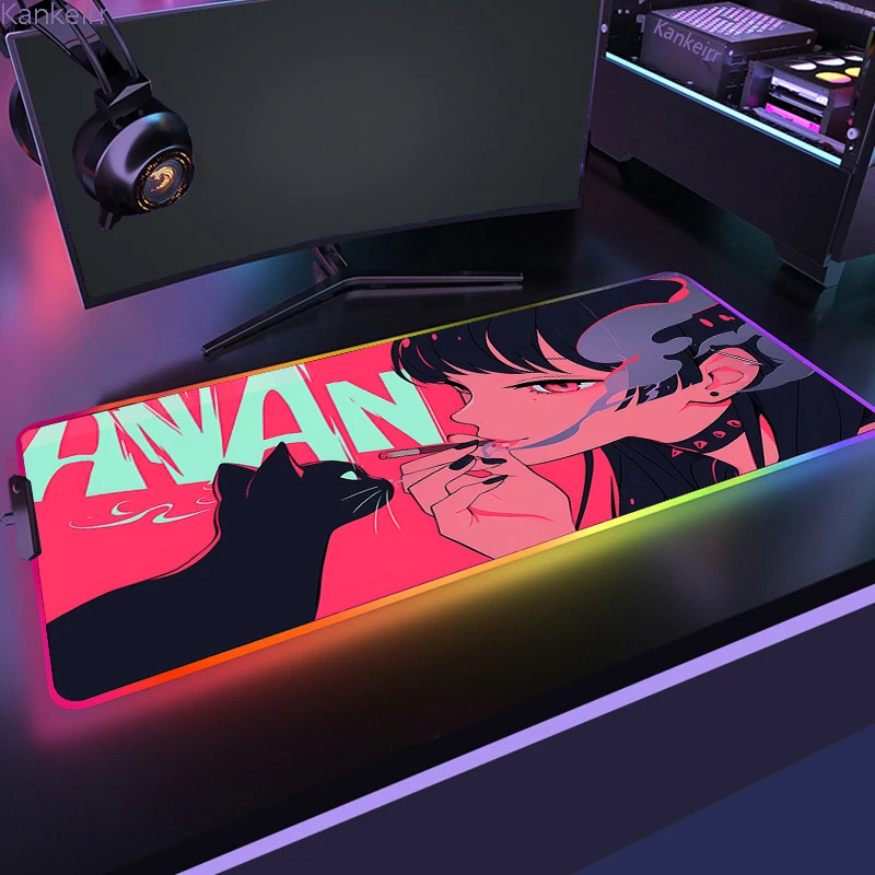 Kawaii Muismat Rgb Backlit Mat Gamer Toetsenbordmat Groot Xxl Gaming Verlengde Coole Deskmat Pc Anime Meisje Rode Achtergrondverlichting Muismat