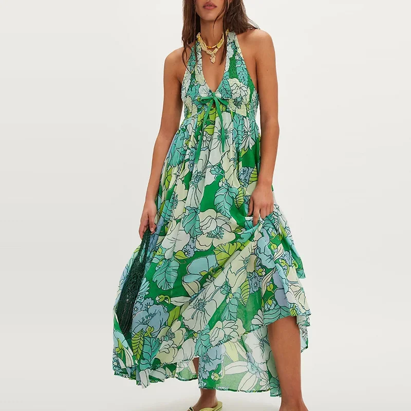 เดรสวินเทจลายดอกไม้แบบผูกคอ ชุดราตรีเซ็กซี่เปิดไหล่ เอวสูง จับจีบ ชุดเดรสเปิดหลังทรงสวิงสุดอินเทรนด์ ชุดเดรสไปทะเลสำหรับผู้หญิง