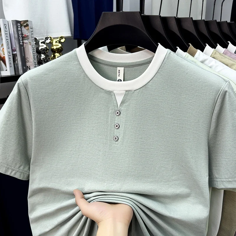 Mens Basic Henley Short Sleeve T Shirt With Placket Detail Breathable Fabric Tops For Work Travel An