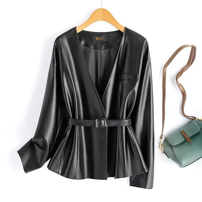 Leather Short Strap Waist Haining 2024 New Loose Temperament Slim Sheepskin Jacket Ladylike Fashion Collar Slim Fit All Match