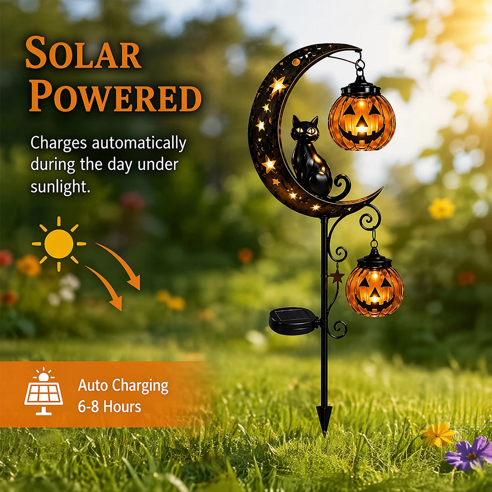 Iron Black Cat Moon Ground Lamp with Auto On/Off Cat Moon Solar Lamp Moons Cats Solars Pathway Lamps for Yard/Patio Decor