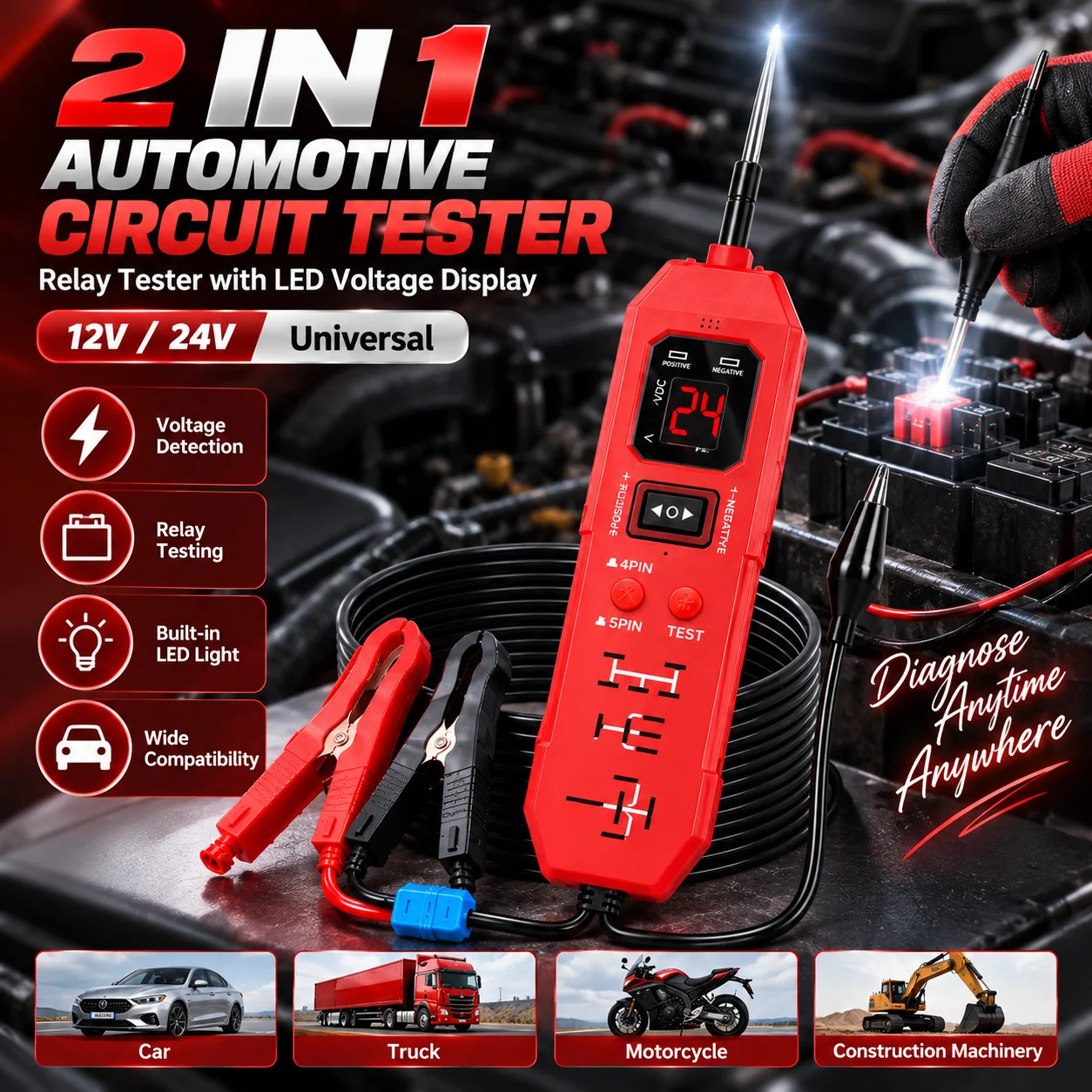2 IN 1 Automotive Circuit Tester Relay Tester With LED Voltage Display & Work Light Vehicle Electrical Diagnostic Tool for Cars