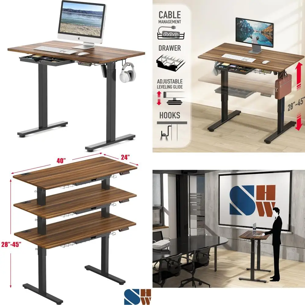

Walnut 40 Height-Adjustable Desk with Drawer, Memory Settings, and Cable Management