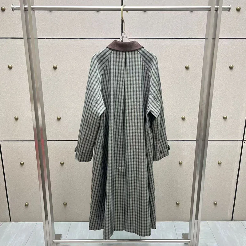 2026, New Women's Corduroy Square-Neck Checkered Trench Coat, Single-Breasted Extra-Long Jacket, High-Quality Coat, Y2K