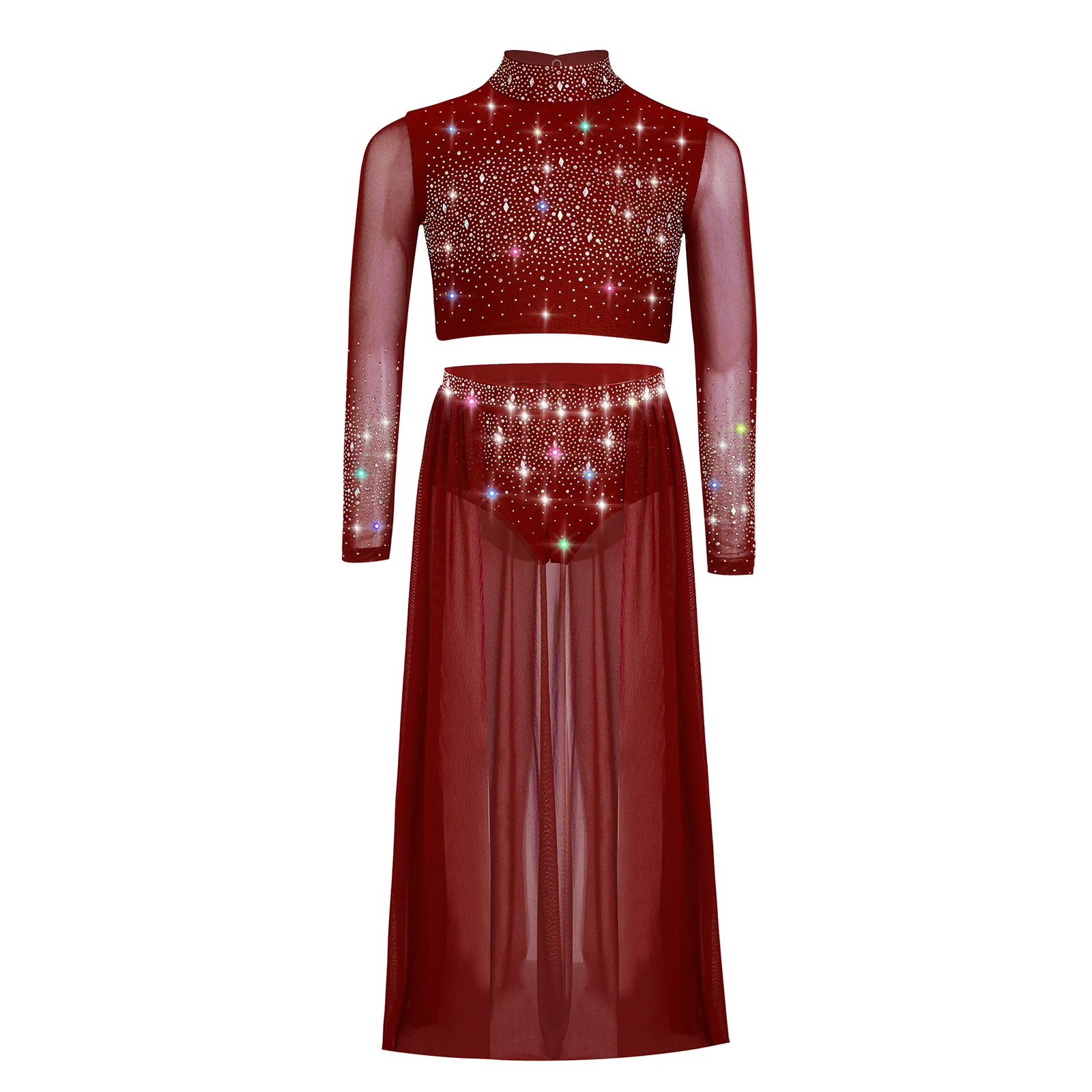 

Kids Girls Lyrical Dance Outfit Long Sleeve Keyhole Back Shiny Rhinestones Crop Top+Open Front Flowy Skirt Modern Dancewear