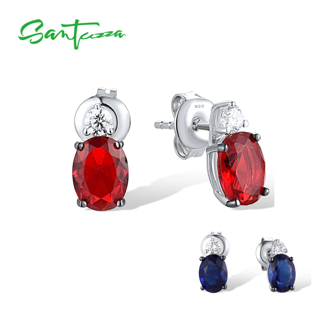

SANTUZZA Real 925 Sterling Silver Stud Earrings For Women Blue / Red Gems Simple Delicate Wedding Anniversary Gifts Fine Jewelry