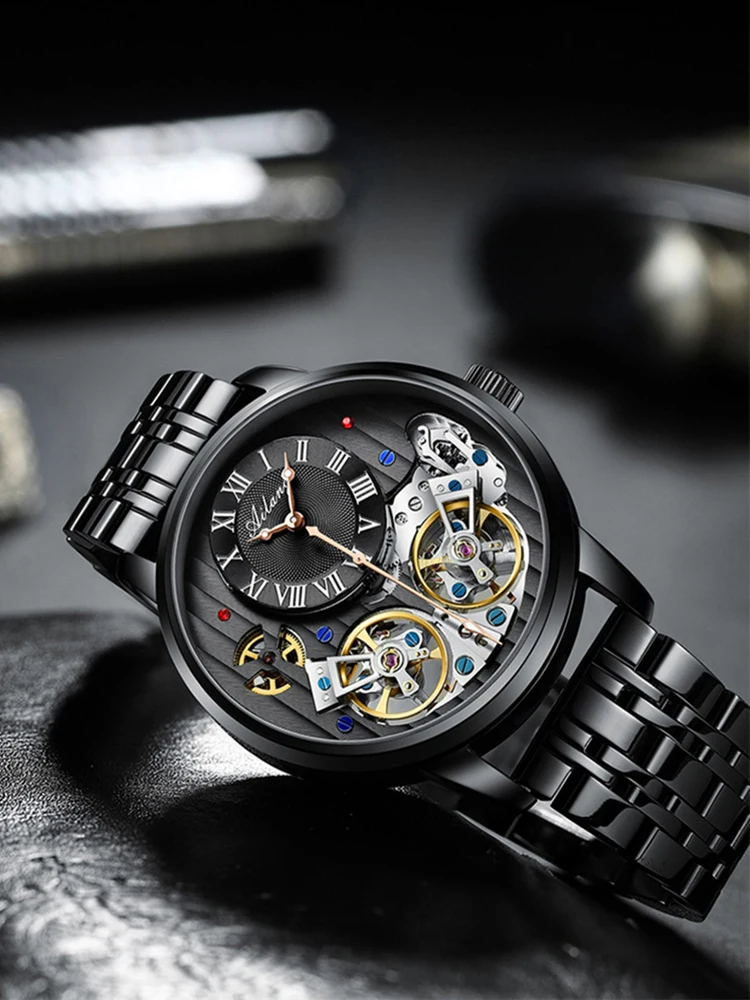 AILANG Luxury Double Tourbillon Men Watch Stainless Steel Waterproof Wrist Mechanical Watches Automatic Skeleton Wristwatches