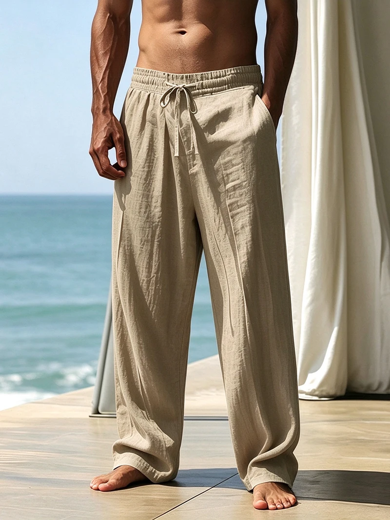 Men Linen Long Pants Drawstring Waist Loose Fit Solid Casual Daily Office Beach Vacation Outdoor Street Travel Everyday Wear