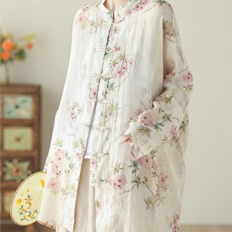 New Chinese Style Floral Print Button Shirt Women's Mid-Length Retro Stand Collar Cardigan Top