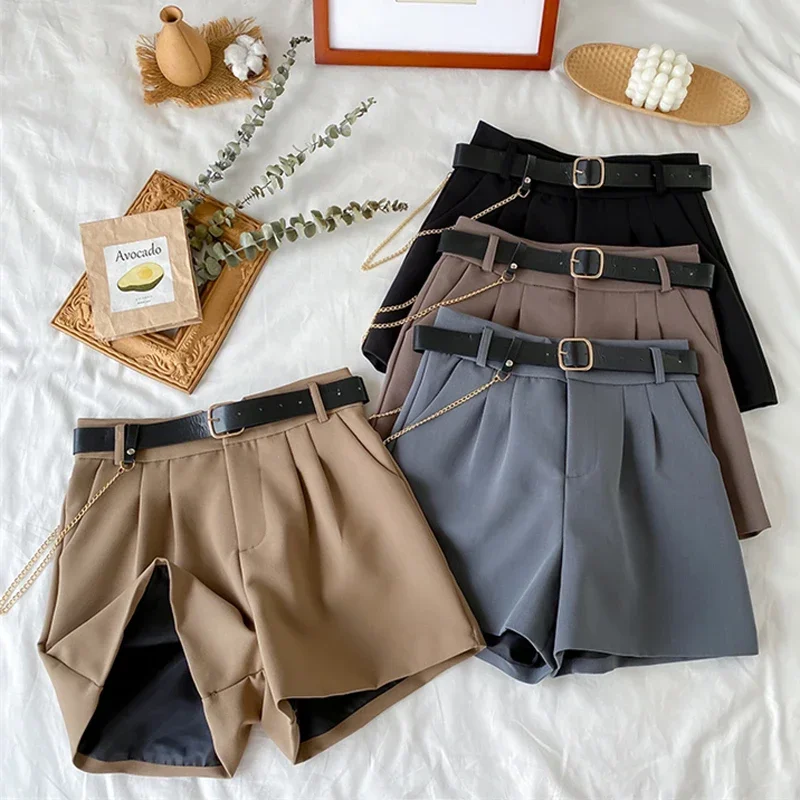 

Women's Office Shorts High Waist Thin Wide Legged A-Line Suit Shorts Female Korean Style Casual New Short Pants with Belt