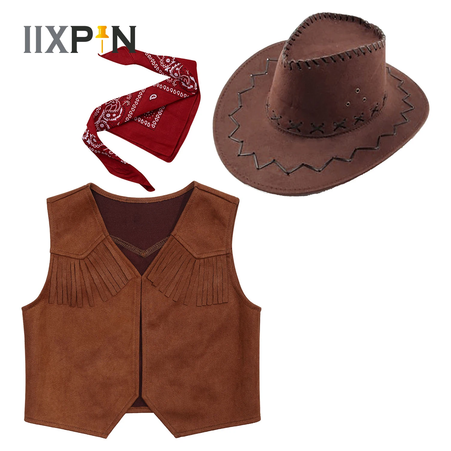 Kid Boys Girls Halloween Cowboy Costume Children Vest Hat with Bandanna Set Western Cowgirl Cosplay Event Party Dress Up