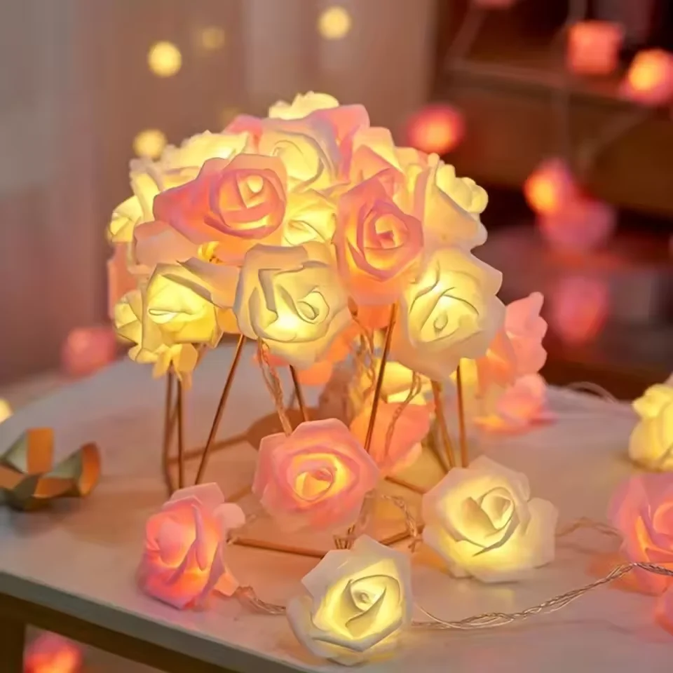 Outdoor Rose Flower LED String Lights AA Battery Powered Fairy Light for Wedding Home Party Birthday Decorations Garden Lights
