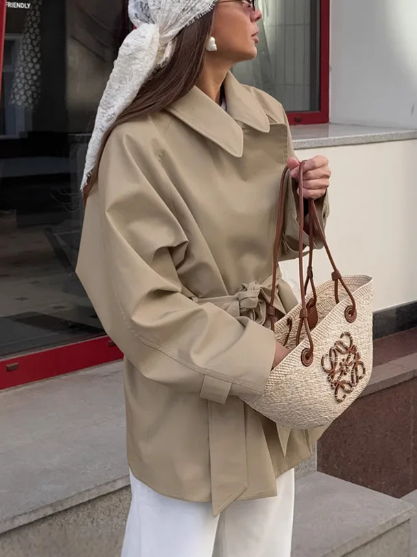 NOWY 2026 Modny płaszcz trenczowy damski sznurowany, dwurzędowa kurtka wiatrówka, odzież wierzchnia na przejściowy sezon, jesienna odzież uliczna