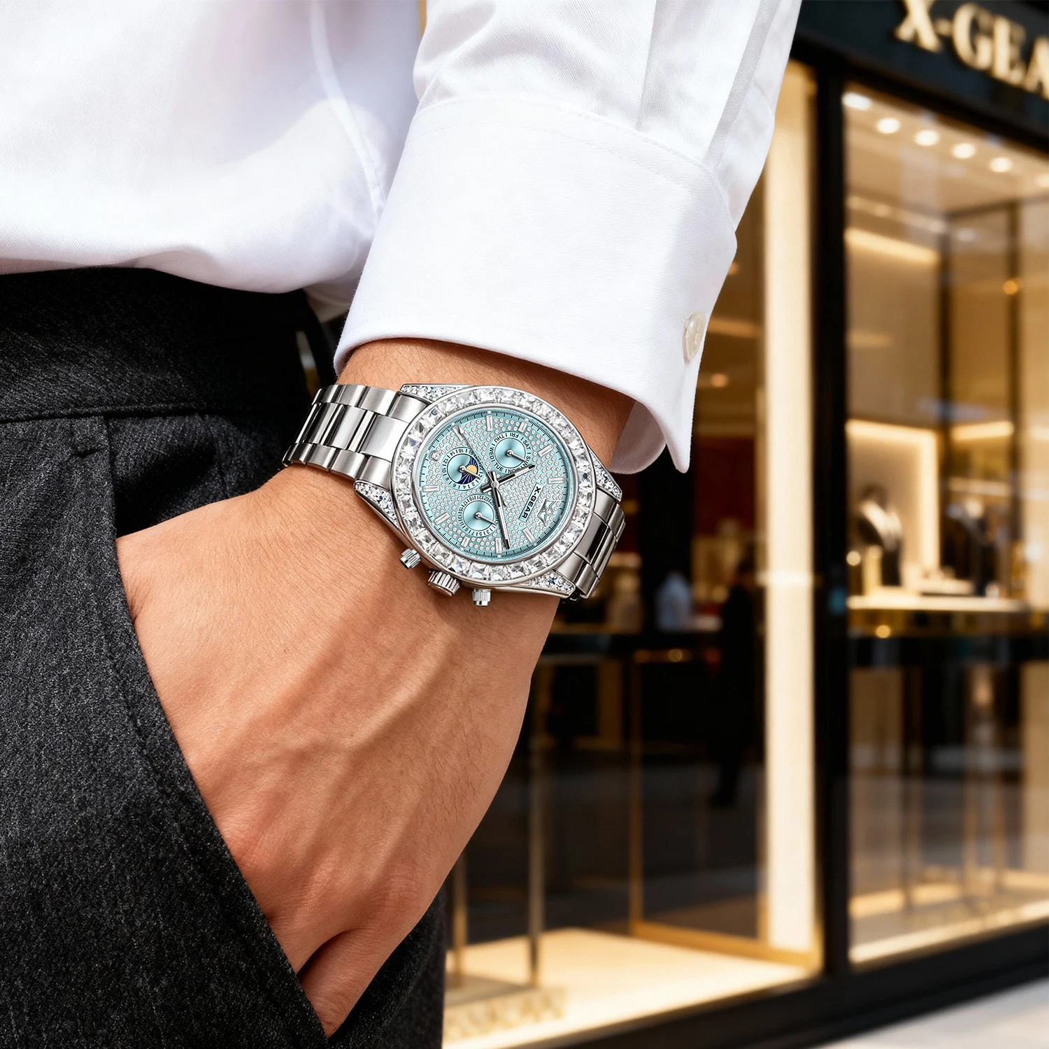 X-GEAR 패션 고급 디자인 남성용 시계 스테인리스 스틸 실버 브레이슬릿