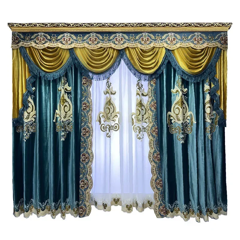 

European villa curtains, lake blue duplex high-end flannel curtains