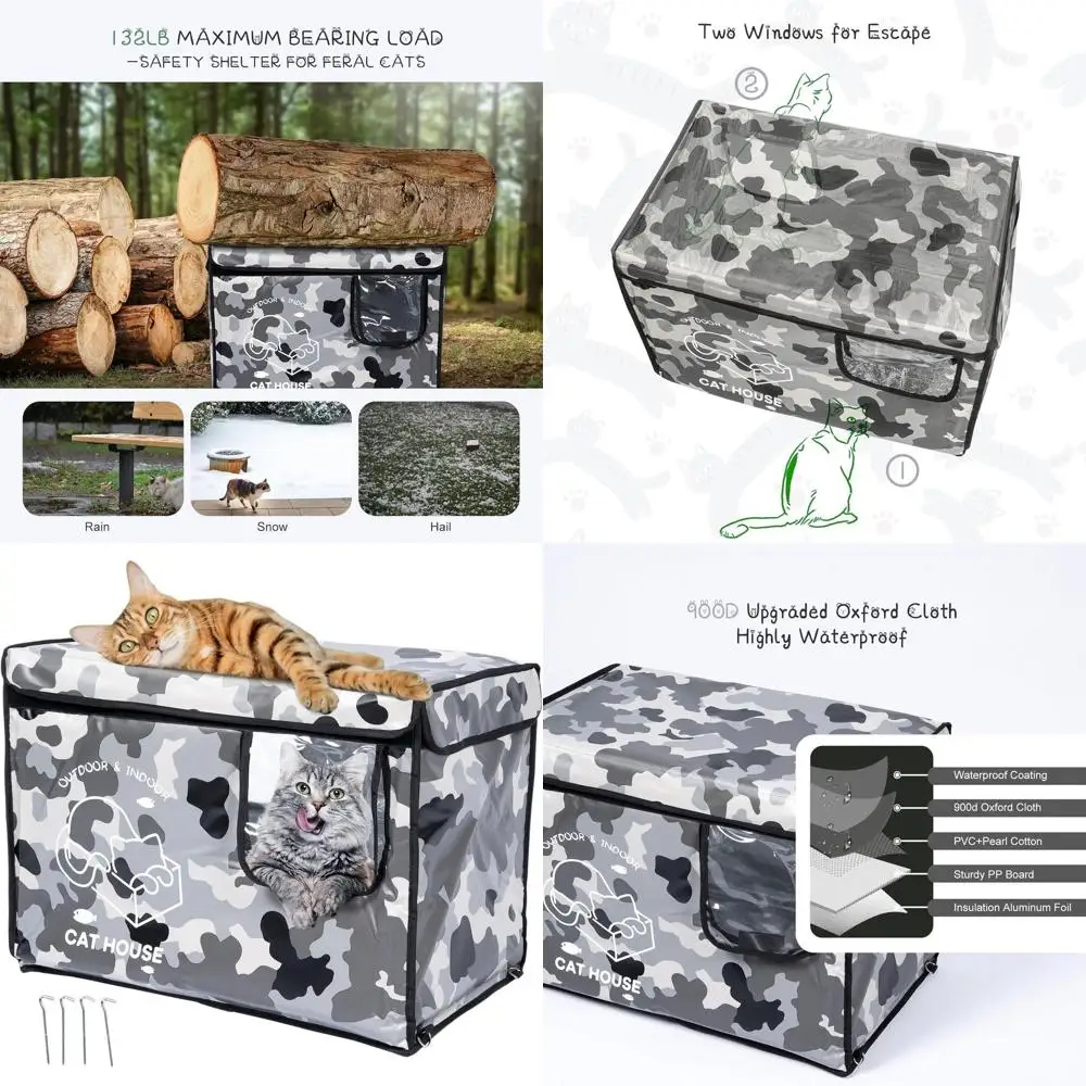 

Camouflage Outdoor Cat House with Insulated Waterproof Dual Exit Doors for Feral Cats in Winter